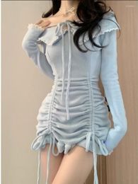 Casual Dresses Y2k Aesthetic Sweet Off Shoulder Women Sexy Bandage Drawstring Slim Dress Basic Long Sleeve Vestitos