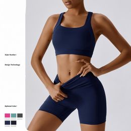 Active Sets Summer Seamless Women Yoga Sports Suit Fitness Solid Sleeveless Crop Top For Workout Clothes High Waist Shorts Gym Set