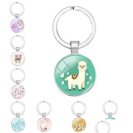 Arts And Crafts Fashion Animal Lama Alpaca Art Picture Keychain Cute Casual Sheep Glass Cabochon Key Ring Couple Gift Drop Delivery Ho Dhk45