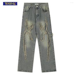 Men's Jeans Ripped Holes Cross Retro Denim Pants Baggy Trousers 2023 Men Streetwear Vintage Blue Harajuku Cotton