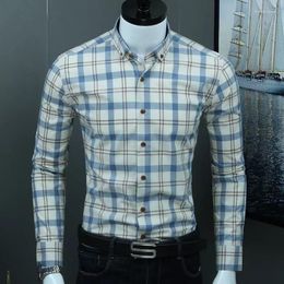 Men's Casual Shirts 2023 Cotton Long Sleeve Contrast Plaid Chequered Shirt Pocket-less Design Standard-fit Button Down