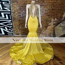 Luxury Crystal Mermaid Prom Dresses For Black Girls High Neck Yellow Evening Dress 2023 Aso Ebi Party Gowns