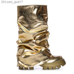 Boots 2023 Winter Women's Boots New Round Toe Thick Platform Gold and Silver Women's Long Boots Pleated Sliding Boots Fashion Women's Shoes Z230728