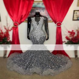 Sparkly Grey Sequins Prom Dresses 2022 Major Beads Sheer Neck Mermaid Party Dress Black Girls Backless Occasion Evening Gowns326Q