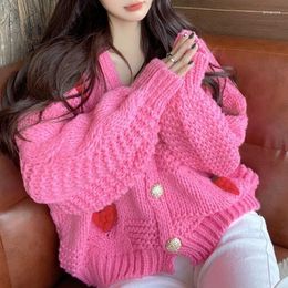 Women's Knits Women Harajuku Strawberry Loose Cardigans Sweater Fall Pink Long Sleeve Korean Tops Chic Female Preppy Style Y2k Knitwears