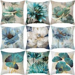 Cushion Decorative Pillow Oil Painting Flowers Decorative Pillowcase for Sofa Ginkgo Leaves Printed Polyester Cushion Cover 45x45cm Home Decor 230727