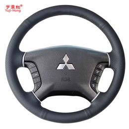 Yuji-Hong Artificial Leather Car Steering Wheel Covers Case for Mitsubishi Pajero Hand-stitched Cover Black208F