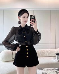 Women's Two Piece Pants 2 Outfits Retro Black Shirt Set Women Sexy Perspective Organza Bow Blouse Empire Velvet Shorts Female