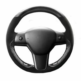 Alcantara Carbon Fiber Leather Steering Wheel Stitch Wrap Cover For Tesla Model3260U