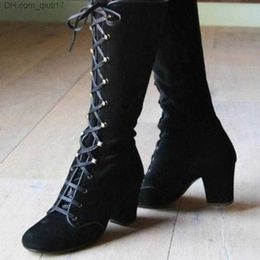 Boots 2023 Black Boots Women's Shoes Knee High Women's Casual Vintage Mid calf Boots Lace Top Thick High Heels Z230728