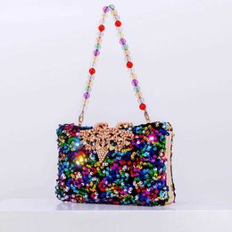 Evening Bags Women Colour Sequins Clutch for Wedding Party 2023 Beaded Chain Box Purses and Handbags Ladies Rhinestone Wallets 230427