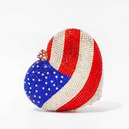 Evening Bags Heart Shaped Crystal Clutch Bag Women Designer Boutique Novelty Rhinestone American Flag Purse and Handbag Wedding Party 230427