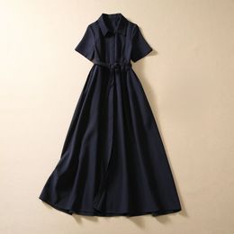 2023 Summer Blue Solid Colour Belted Dress Short Sleeve Lapel Neck Buttons Midi Casual Dresses A3Q191341 Plus Size XXL