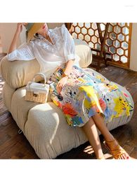 Skirts 2023 Spring And Summer Design Sense French Style Fashion Temperament Doodle Blue Printed Umbrella Women Cotton Long Skirt