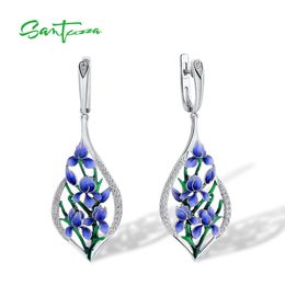 Stud SANTUZZA 925 Sterling Silver Earrings For Women White CZ Blue Orchid Flower Drop Trendy Fine Jewelry Handmade Enamel 230727