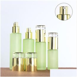 Packing Bottles Frosted Green Glass Bottle Cosmetic Face Cream Jar Packaging With Plastic Cap Empty Spray Lotion 20Ml 30Ml 40Ml 60Ml 8 Otac1