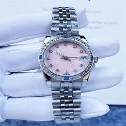 Pink automatic mechanical women's watch blue double diamond bezel 31mm sapphire mirror high quality stainless steel girl wris227Y