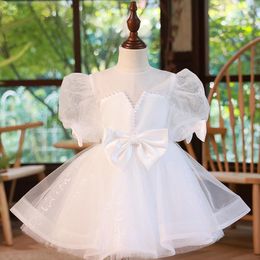 Girl Dresses Simple Sequined Flower Girls O-neck Ball Gown Bow Princess Vestidos 2023 Summer Sweet Tiered Kids Birthday Party Dress