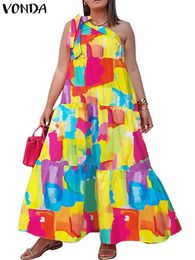 Plus size Dresses Size 5XL VONDA Bohemian Long Sundres 2023 Summer Sexy Sleeveless Printed Maxi Dress One Shoulder Casual Holiday Robe 230727