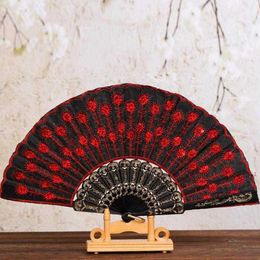 Chinese Style Products Beautiful Sequined Tail Folding Fan Fabric Hand Fan for Dancing or Party Wedding Decoration Girls Birthday Gift