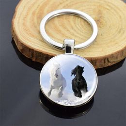 Keychains Animal Jewellery Horse Keychain Double Face Glass Cabochon Metal Keyring Head Pattern Women Men Gift