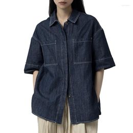 Women's Blouses EMBELLIKE Women BF Short Sleeve Pockets Button Up Cotton Linen Denim Shirt Contrast Stitch Summer Dark Blue