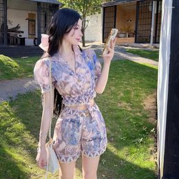 Women's Tracksuits Summer Women Skirt Set Luxury Tie Lace Bubble Sleeve Suit Collar Printed Shirt High Waist Wide Leg Shorts Korea 2 Piece