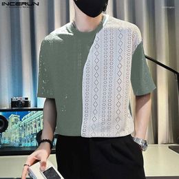 Men's T Shirts Men Shirt Lace Patchwork Hollow Out Transparent O-neck Short Sleeve Tee Tops 2023 Sexy Streetwear Clothing S-5XL INCERUN