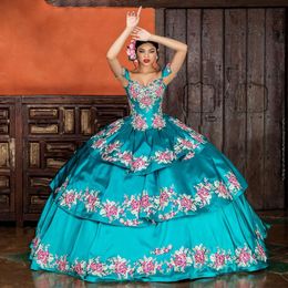 Sea Blue Quinceanera Dresses Sweetheart Ball Gown Appliques Embroidery Princess Tiered Gown Lace-Up Birthday Sweet 16 vestidos de 15