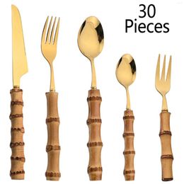 Dinnerware Sets JANKNG 30Pcs Tableware Stainless Steel Wooden Handle Cutlery Knife Fork Set Coffee Tea Spoon Kitchen Silverware