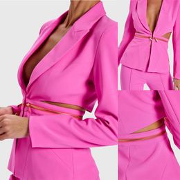 Hot Pink Girls Pants Suits Custom Designer Side Cut Women Formal Party Prom Evening Wear 2 Pieces