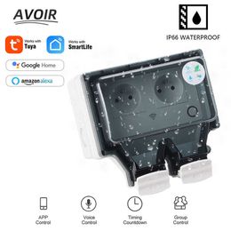 Smart Power Plugs Avoir IP66 Waterproof Socket Tuya Smart Life Power Outlet Outdoor Standard FR Plug Dual Usb Charging Wifi Connected Use For Home HKD230727