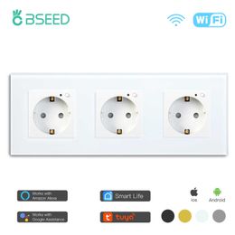 Smart Power Plugs BSEED EU Wifi Triple Wall Socket Crystal Glass Panel Electrical Outlet 3 Colours White Black Golden Work With Tuya Smart Life HKD230727