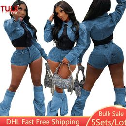 Women's Tracksuits 5Sets Wholesale Jean Short Long Sleeve Patchwork Jacket Tops Denim Shorts Two Piece Set Women Outfits 9879