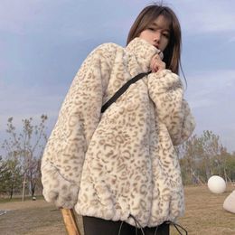 Women's Fur Faux Fur 2021 new winter Korean zipper top lamb leopard plush short coat imitation Rex Rabbit Fur grass fur coat female HKD230727