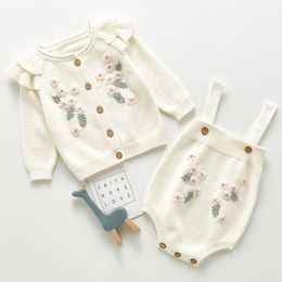 Clothing Sets Spring Autumn Infant Baby Girls Knit Long Sleeve Flower Coat Braces Rompers Kids Girl Suit Clothes 03Yrs 230728