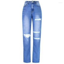 Women's Jeans Straight Mom High Waist Female Denim Pants Cut Out Hole Design Slit Ripped Trousers Loose Women Clothing Boyfriend Street