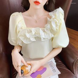 Women's Blouses Office Lady Solid Colour White Apricot Shirt Square Collar Tops Summer Short Puff Sleeve Clothes Elegant Ruffles Blouse 26943
