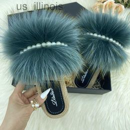 Slippers Natural Fur Slippers Woman Summer Faux Espadrilles Pearl Chain Fluffy Slides Flip Flops 2022 Flats Women Shoes Sandals J230728