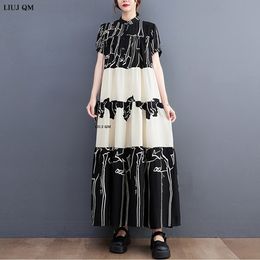 Plus size Dresses Black White Hit Colour Design Patchwork Summer Size Dress Graffiti Printed Long Shirt Loose Fit Casual Large Robe 230727