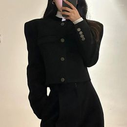 Women's Suits Vintage Black Cropped Blazers Women Korean Elegant Long Sleeve Short Jackets Office Lady Solid Slim Coats Autumn Winter