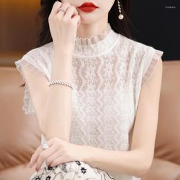 Women's T Shirts 2023 Sleeveless Knitted Lace Vest Elegant White Hollow Out Shirt Stylish Tops Fashion Woman Blouse Sweet O Neck Blusas