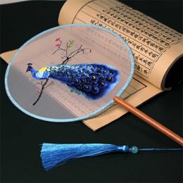 Chinese Style Products Vintage Hand Fan Chinese Embroidered Round Fan Crane Flower Home Decoration Ornaments Dance Fan