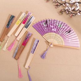 Chinese Style Products Vintage Chinese Folding Fan Retro Blossom Pattern Bamboo Hand Fan Craft Party Dance Fan with Tassel Gift Home Decor