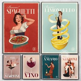 Canvas Painting Elegant lady Italian Vintage Cocktail Spaghetti Lemon Drink Wine Posters Illustration Art Print Pasta Food Kitchen Wall Decor w06