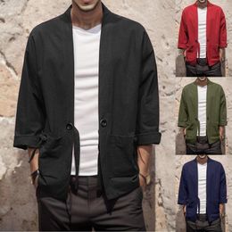 Ethnic Clothing Mens Style National Retro Loose Thin Cardigan Kimono Japanese Robe 7 Cropped Sleeve Coat High Collar Men