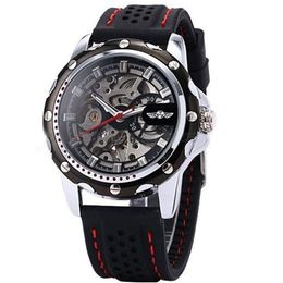 2022 New Winner Black Rubber Band Automatic Mechanical Skeleton Watch For Men Fashion Gear Wrist Watch Reloj Army Hombre Horloge231i