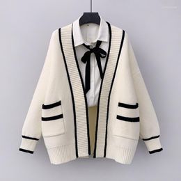 Women's Knits 2023 Women Clothing Sweater Cardigans Casual Loose Knit Jackets College Style V Neck Double Pocket Black White Coat Female