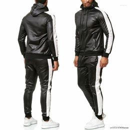 Men's Tracksuits Autumn PU Leather Hoodies Set 2 Piece Casual Sweatsuit Hooded Jacket And Pants Jogging Suit