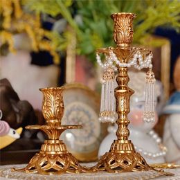 Candle Holders Brass Candlestick French Vintage Carved Holder Home Decor Table Ornaments European Classical Props Wedding Decoration